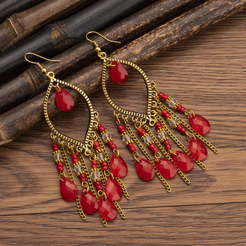 Bohemian Cross-Border Handmade Water Drop Rice Bead Tassel Earrings for Travel Photography