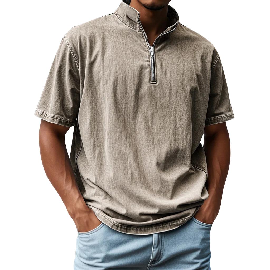 Pánské letní vintage košile s krátkým rukávem, klopou a zipem