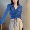 Hotsweet Turn-down Collar T-shirt Women's Clothing Slim Solid Color Spring Autumn Stylish Shirring Drawstring Short Pullovers
