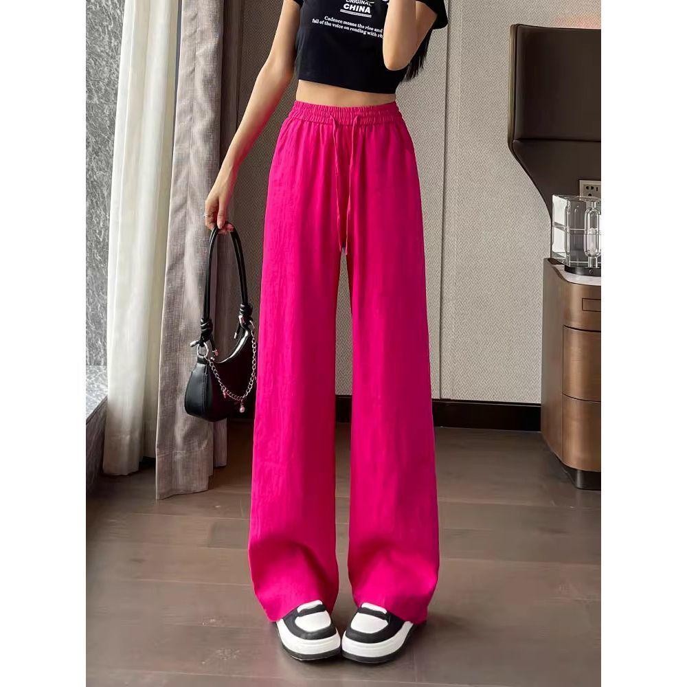 Rose Red Linen High-Waisted Wide-Leg Pants for Women - 2025 Summer Collection