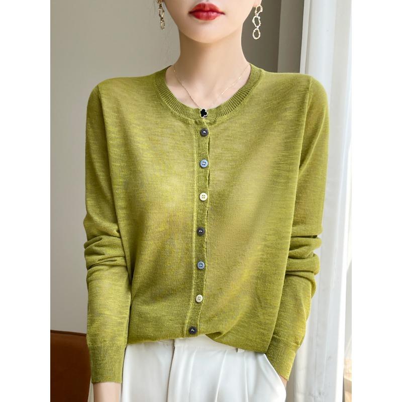 

Тонкий вязаный кардиган с длинными рукавами, женская летняя солнцезащитная куртка с круглым вырезом, рубашка с кондиционером, топы M зелёный