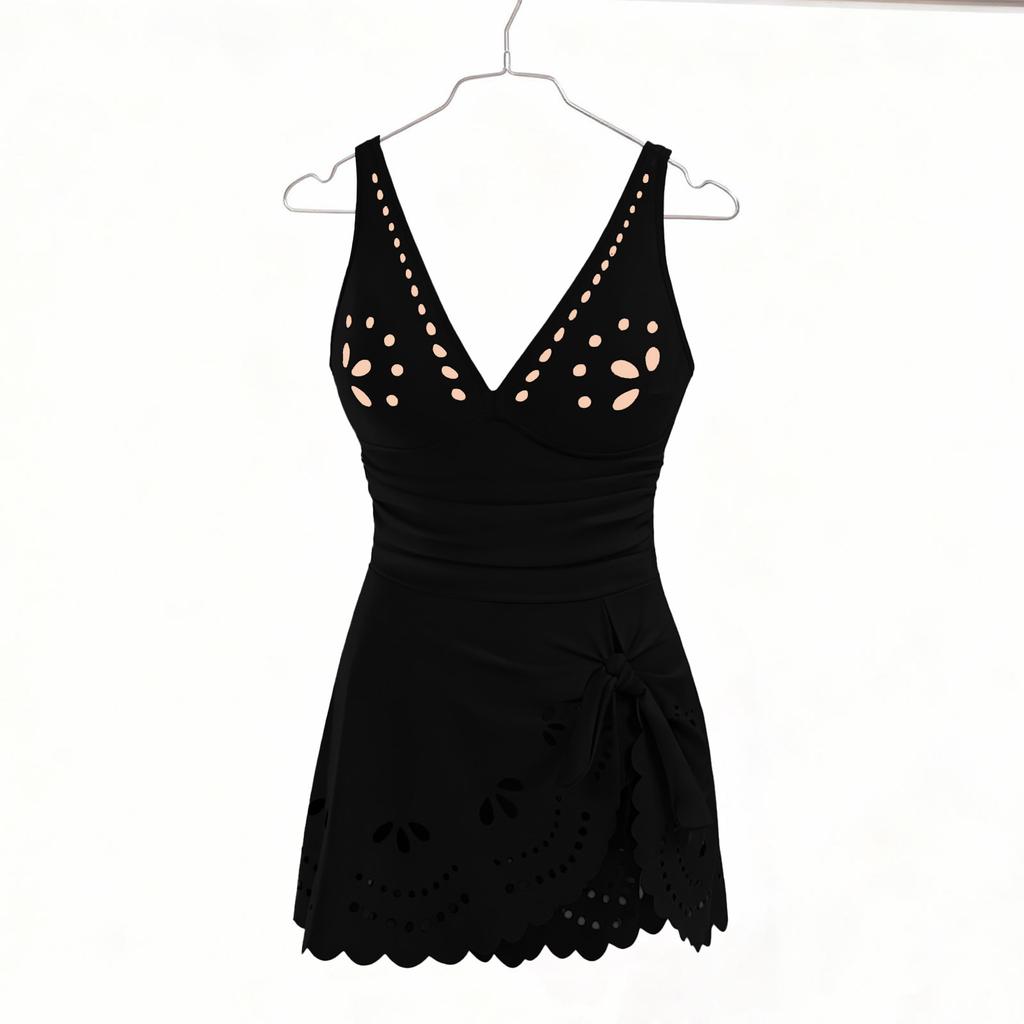Women's Fashionable Sexy Color Sleeveless V-neck Hollow Skirt One-piece Bikini Swimsuit