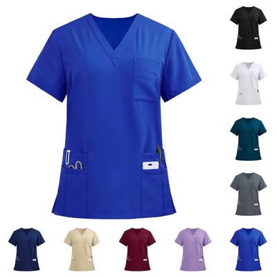 Ladies' Lightweight Solid Color V-neck Multi Pocket Side Slit Short Sleeved Shirt
