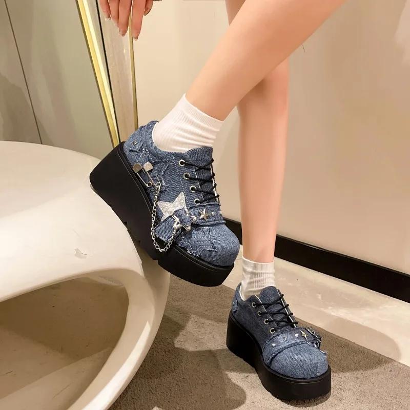 Fashion Women Autumn Chunky Sneakers Trainers Platform Shoes 6CM Heels Outdoor Sport Dad Shoes Puck Metal Chain Leather Casual Shoes
