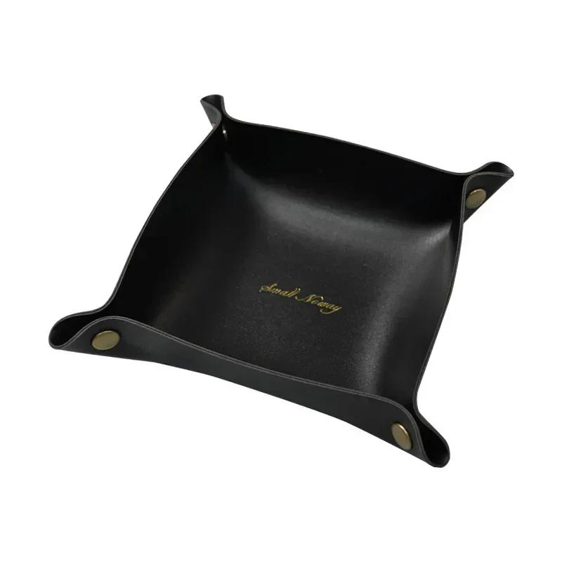 PU Leather Foldable Desktop Storage Tray, Square Organizer for Keys Jewelry Cosmetics, Waterproof Valet Tray for Home Office