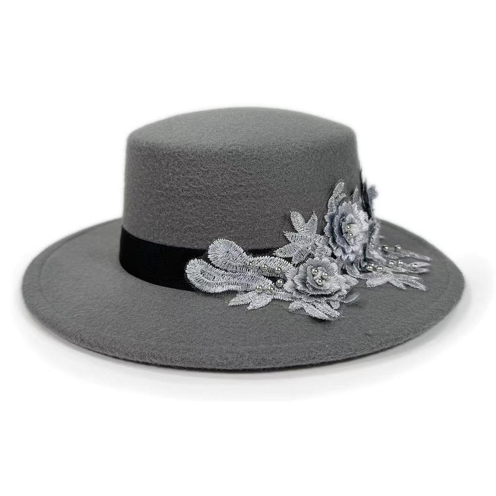 Winter Autumn Elegant Fedora Hat for Men Women Woolen Felt Hats with Embroidered Pearl Flower Wide Brimmed Top Jazz Hats