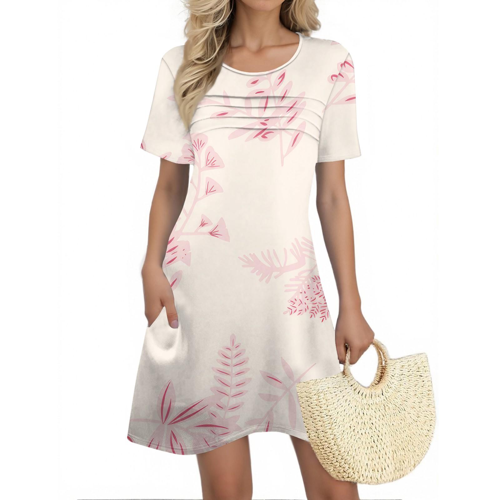 

Women s Summer Dresses Women s Summer Floral Print Dresses Short Sleeve Round Tie Pocket Casual Dresses XXL рожевий