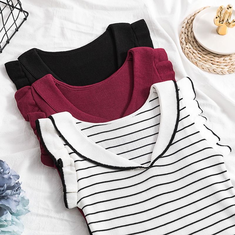Vest Women's Summer Outerwear V-neck Knitted Ice Silk Sexy Little Fly Sleeves Ruffle Edge Striped Sleeveless Top Backless T-shirt Trendy