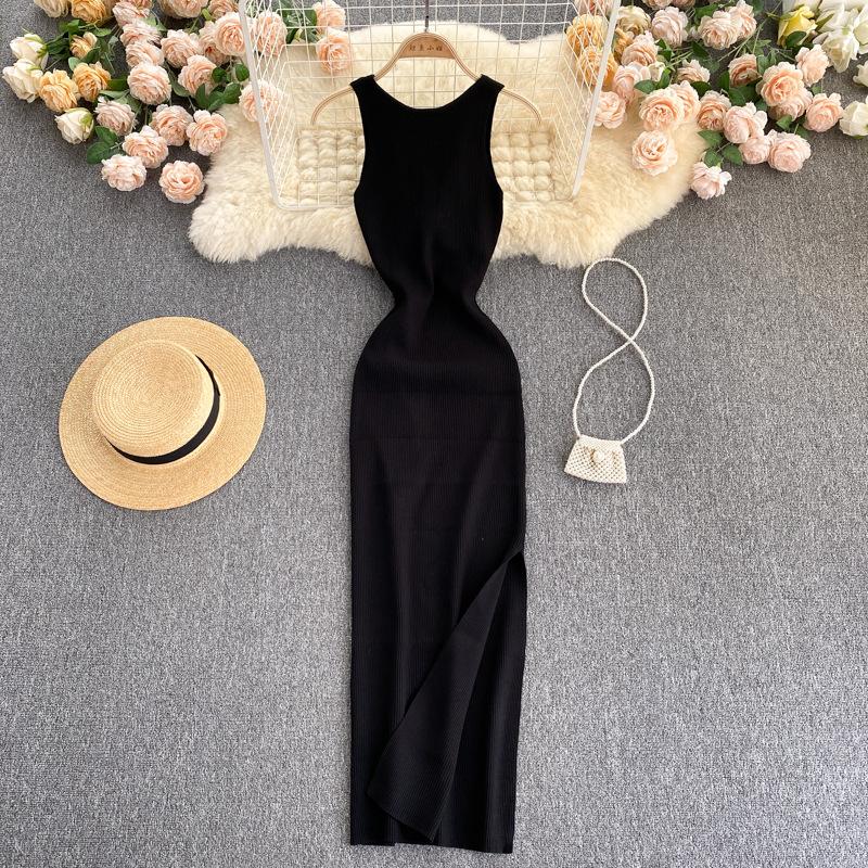women's Ribbed Knit Maxi Dress Sleeveless Bodycon Split Hem Two Way Summer Long Dress