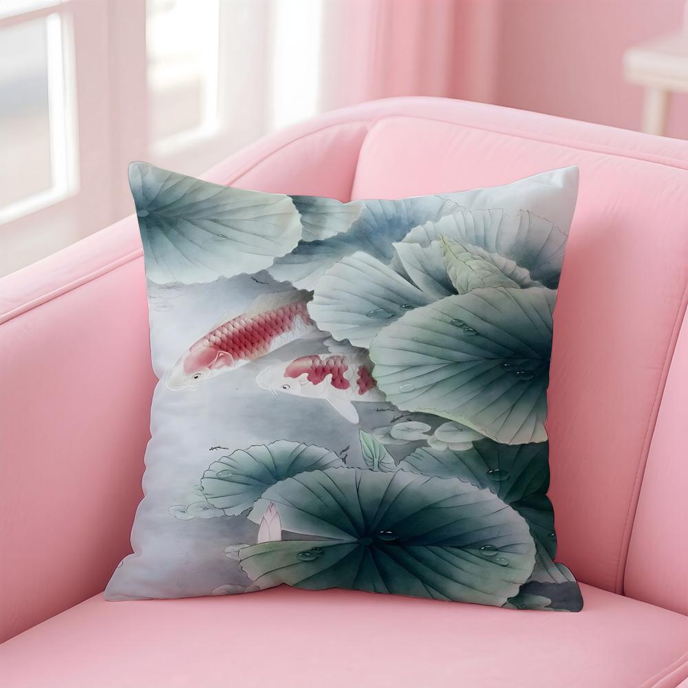 Natural Fun Koi Fish lotus Cushion Cover Pillow Case Soft Skin Friendly Fabric  Concealed Zipper
