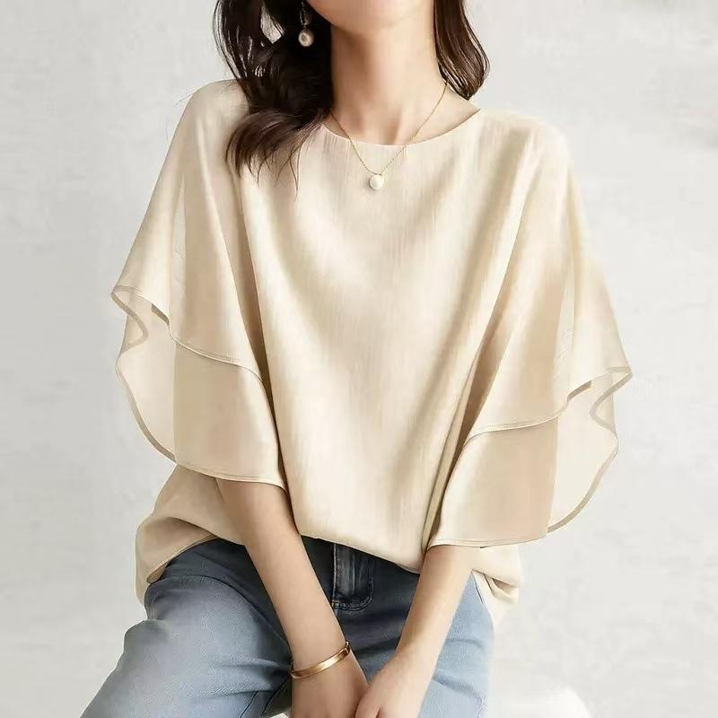 Top Estivo da Donna in Chiffon con Maniche a Pipistrello, Nuova Blusa Casual Traspirante a Maniche Corte Larga con Girocollo