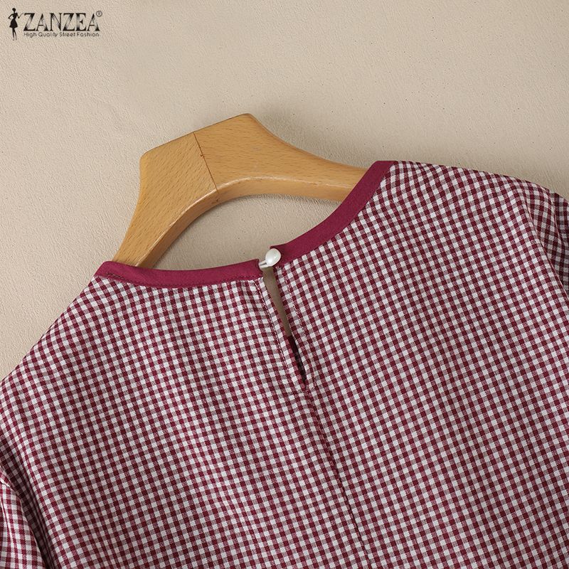 ZANZEA Women Casual Round Neck 3/4 Sleeve Grid Print Loose Blouse