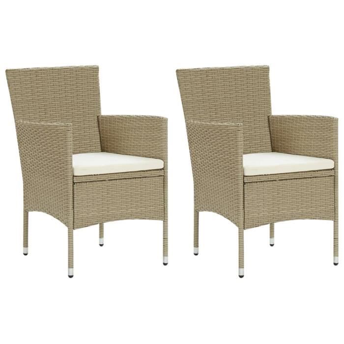 Garden Dining Chair - vidaXL - 2 Pcs - Beige Woven Resin - Off-White Cushion - Sturdy Steel
