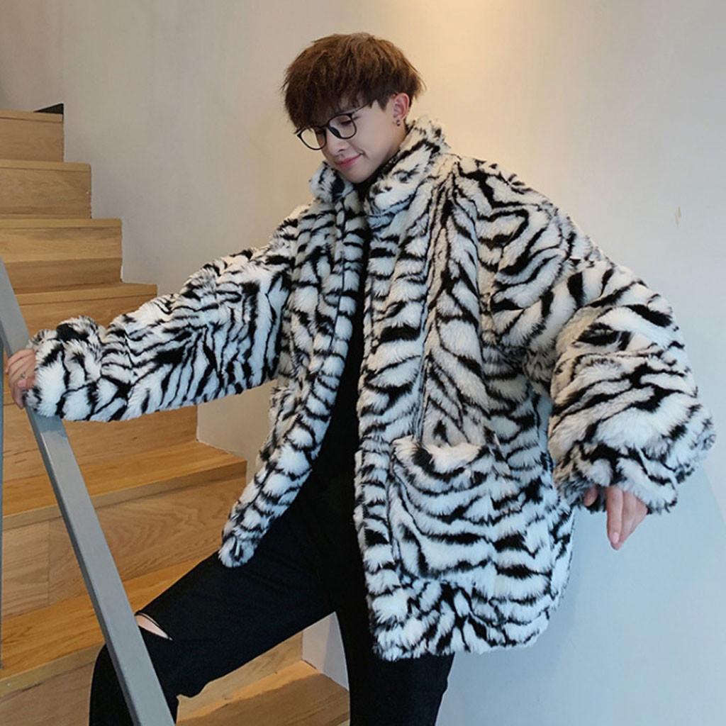 Men Leopard Winter Warm Fashion  Outdoor Woolen Faux-Fur' Coat Collar OverCoat