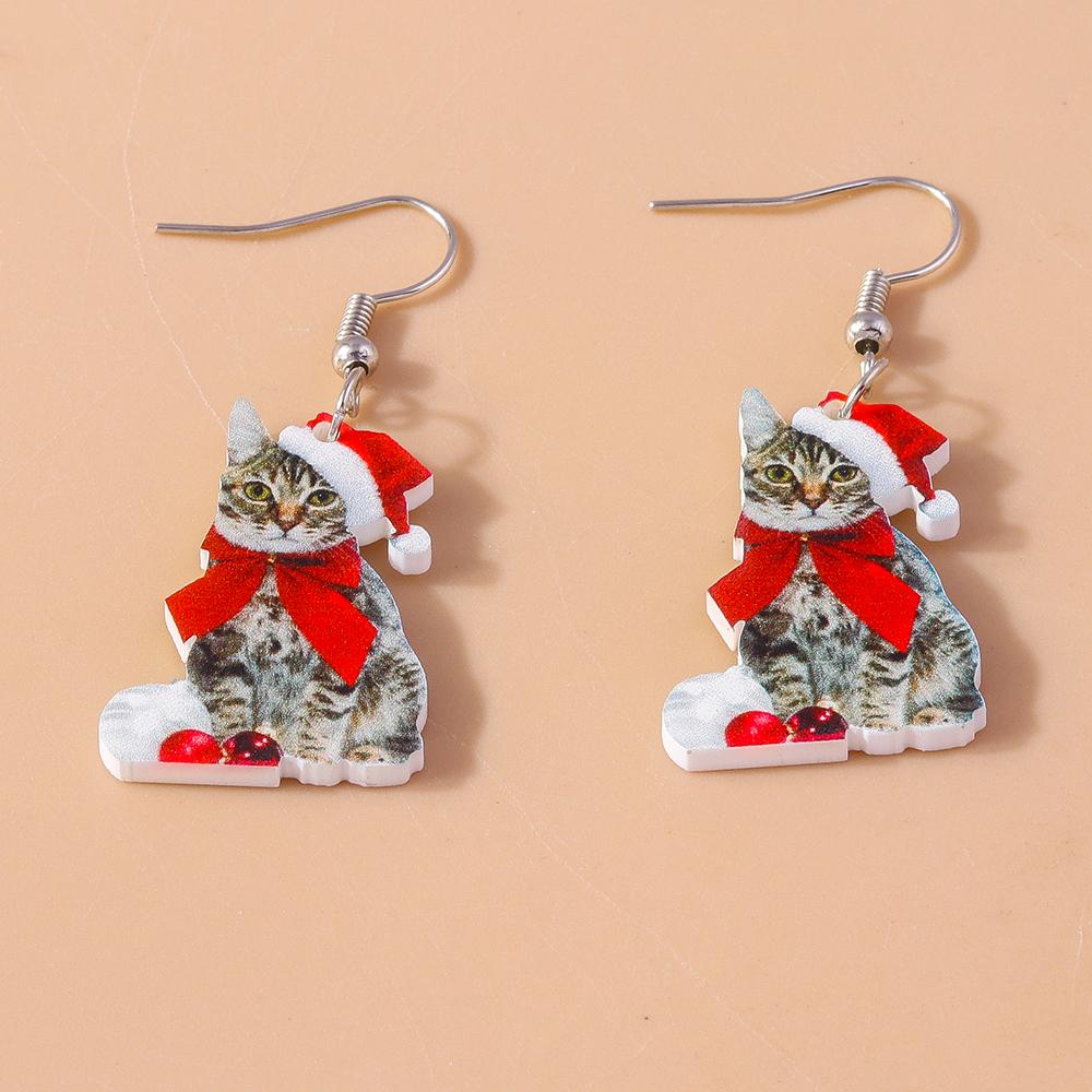 Cute Christmas Cat Drop Earrings for Women Girls Cartoon Animal Earrings Party Holiday Jewelry Gifts