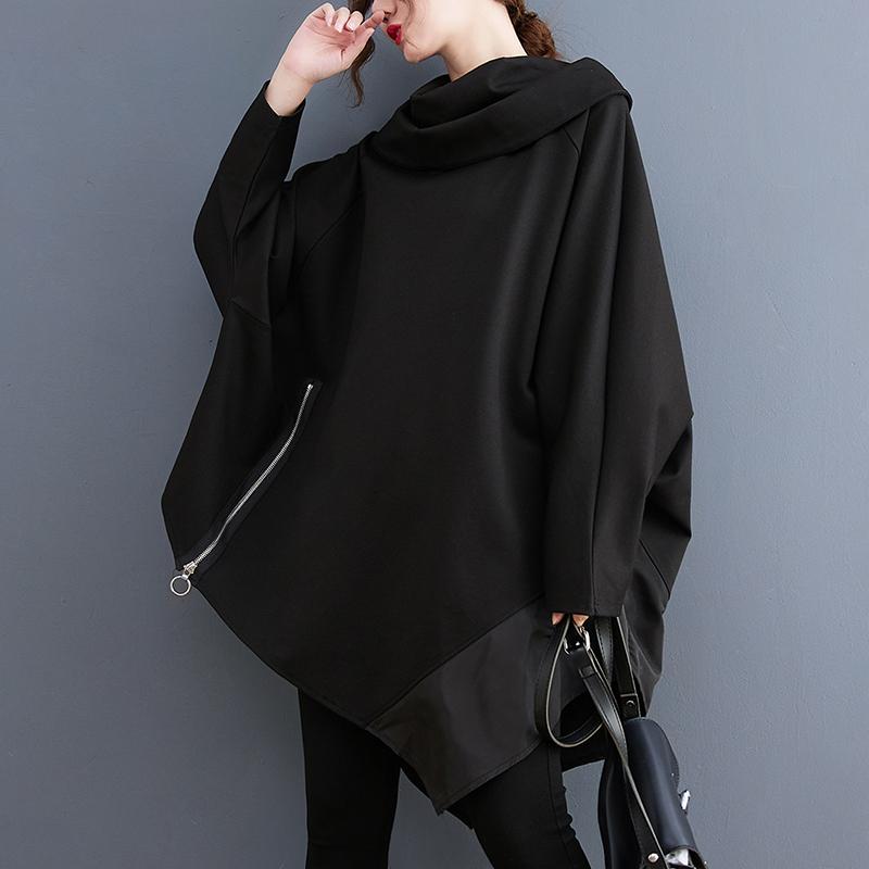 Dimanaf New Plus Size Women Solid Hoodies & Sweatshirts Turtleneck Patchwork Zipper Loose Autumn Basic Tops 2022 T-Shirt New Pullover Black