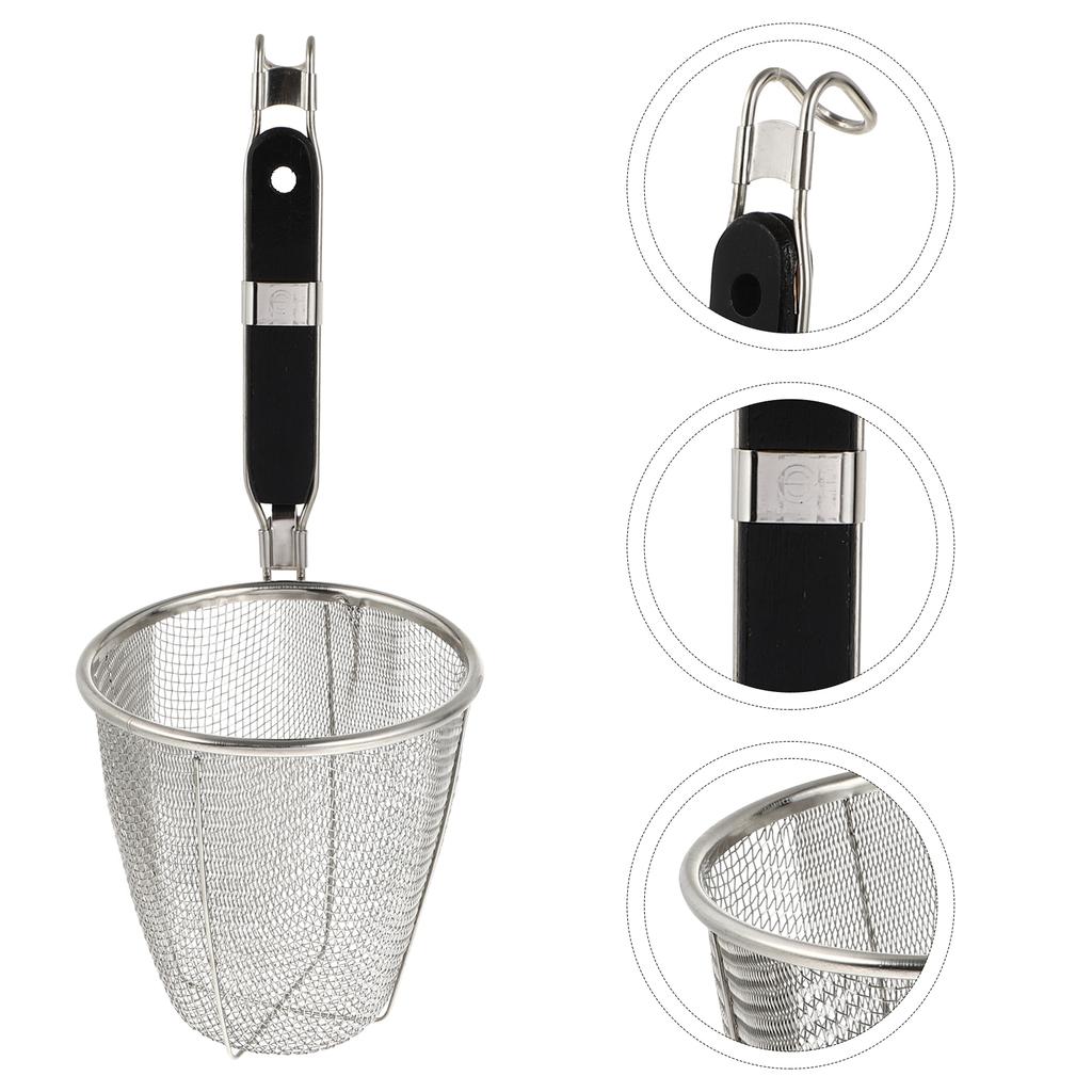 Stainless Steel Strainer Basket Wire Mesh Food Skimmer Kitchen Sieve for Pasta Dumpling Noodle (Black Handle)