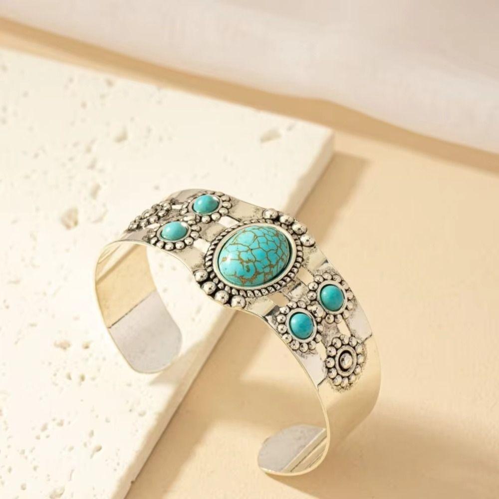 Inlaid Turquoise Bangle Bohemian Style Open Cuff Bangle Imitation Turquoise Bracelet Women