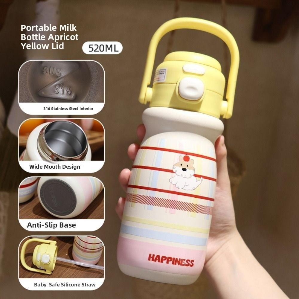 520ml Bounce Insulated Cup Double Drink with Handle Cartoon Straw Cup Leak Proof Heat and Cold Insulation