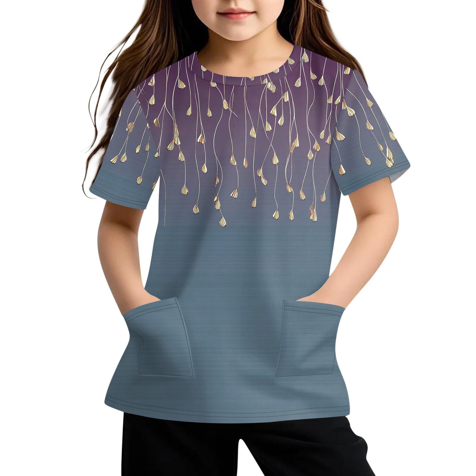 

Children s Short Sleeve Pocket Tops Casual Print T Shirt Round Neck Pullover Blouse 150 фіолетовий