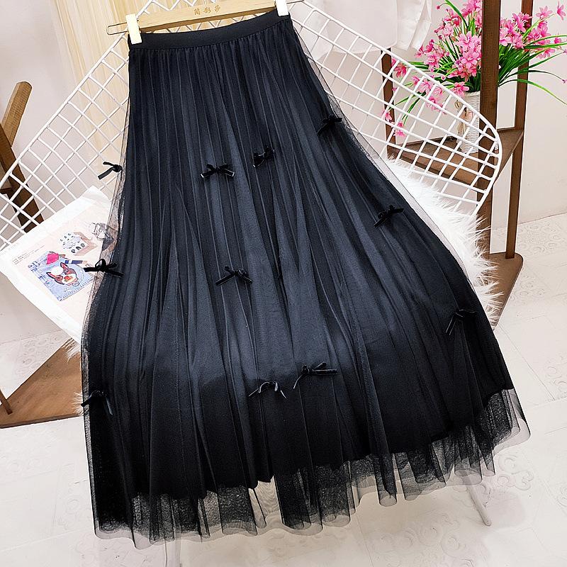 Women Spring Fall High Waist All Match Color Block Mesh A Line Skirt with Bowknot