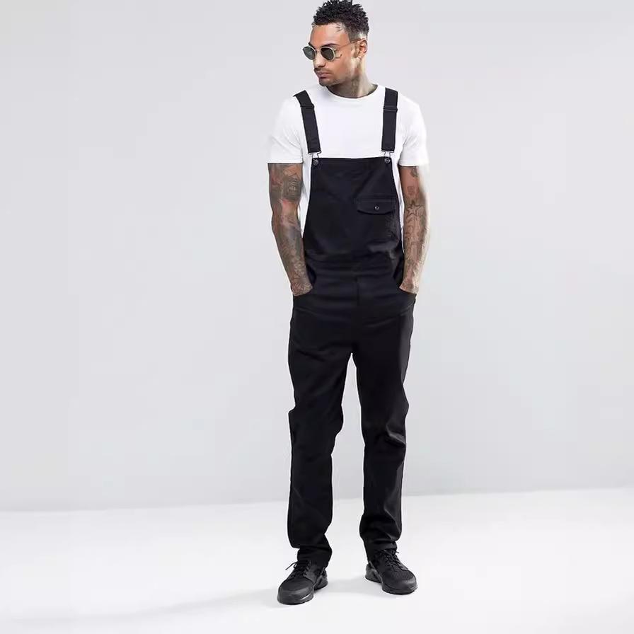 

Модные молодежные брюки на бретелях, уличные мужские облегающие прямые брюки с карманами для сращивания, повседневная мужская одежда на все времена года XS чёрный