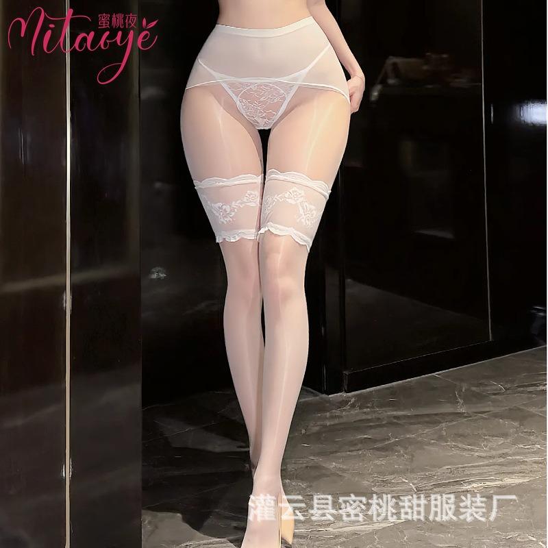 Sex stockings D thin oil-shiny pantyhose sexy fake two-piece lace splicing over knee stockings women