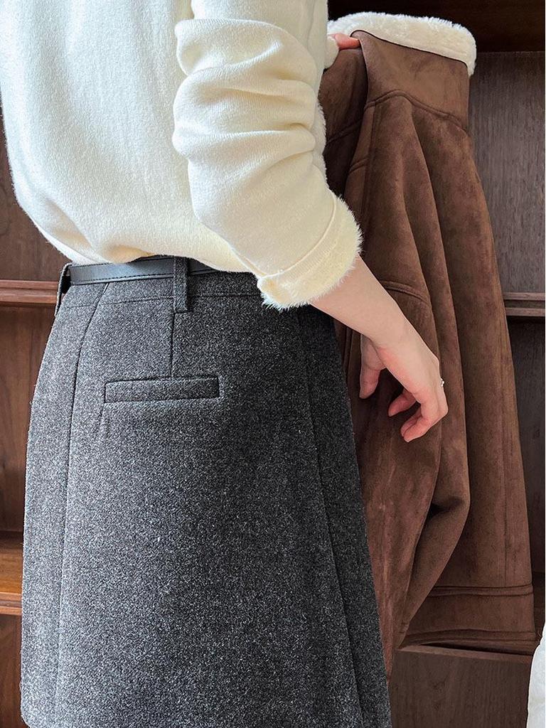Luxi Retro High-End Wool A-Line Midi Skirt - Women's 2025 Winter Slimming Fleece-Lined Bodycon Mini Skirt