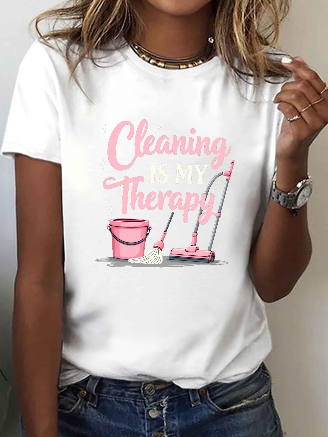 

Womens Cleaning Is My Relax Graphic TShirt Short Sleeve Crew Neck Casual Top Playful Pink Cleaning Tools printed Summer tee S
