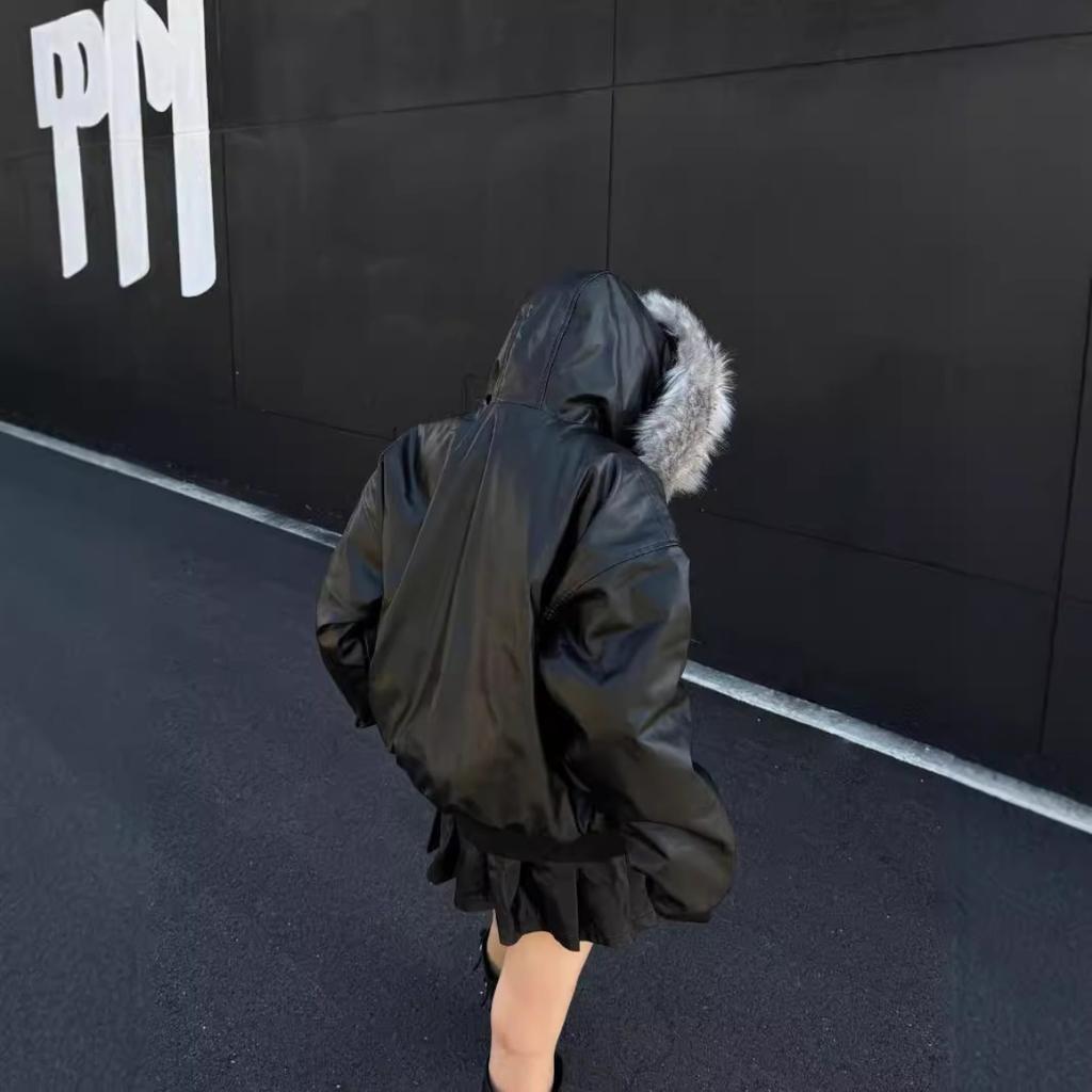 ZYLLO Y2K European American winter thickened coat leather lining hooded fur collar cotton coat youth trend classic black cool