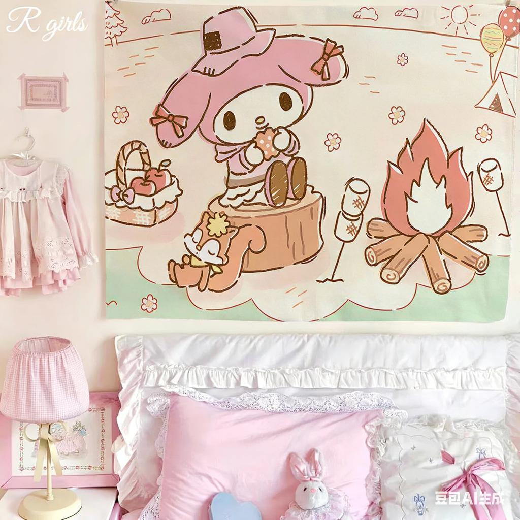 Cute My Melody Tapestry Kawaii Sanrio Bunny Print Wall Hanging for Teen Girl Bedroom Dorm Room Decor Multiple Sizes