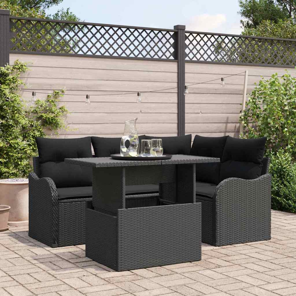 Garden Sofa Set with Cushions 5 Pcs Black Poly Rattan