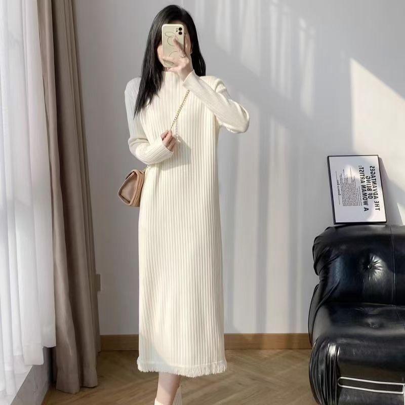 Autumn and Winter Knitted Dress Women's Stylish Half Turtleneck Pullover Solid Color Long Knitted Dress Casual Loose Knitted Dress