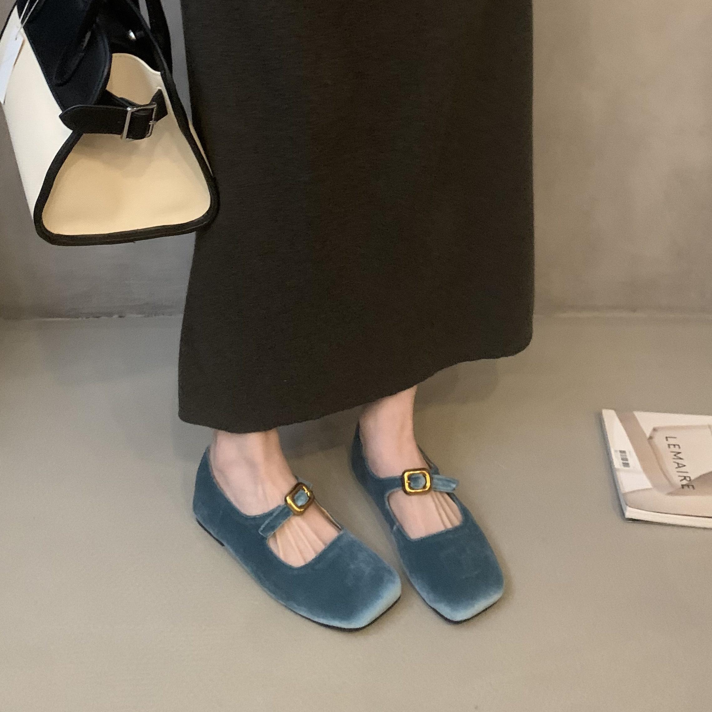 

Мода Bailamos 2024 Зима Новые Женские Балетки Мода Бархатный Круглый Носок Женские Повседневные Туфли Мэри Джейн Мягкая Подошва Туфли Балетки 39 синий