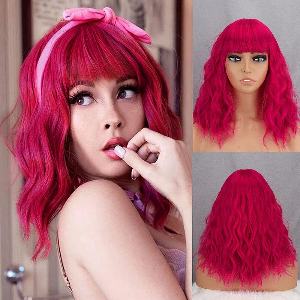MISS WIG Parrucca ondulata corta di colore marrone naturale con frangia Fibra sintetica Lunghezza spalla Moda donna Cosplay Capelli da indossare ogni giorno