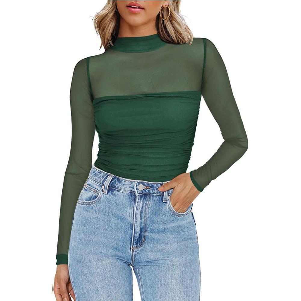 Ladies' Semi High Neck See Through Long Sleeved T-shirt with Sexy Mesh Top Shirt
