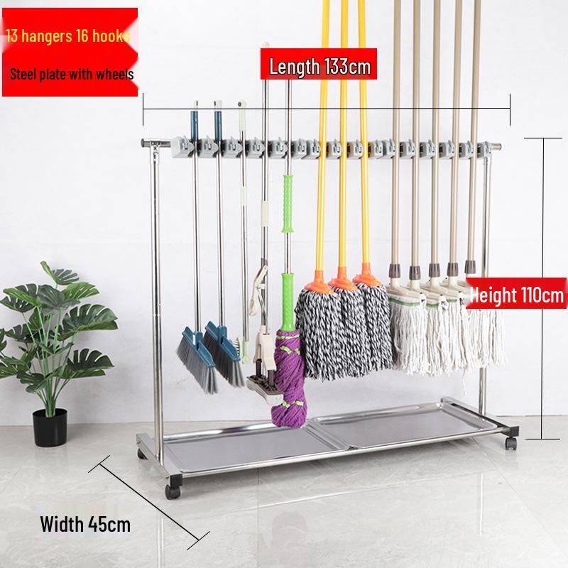 Stainless Steel Floor-standing Mop and Broom Rack with Balcony Storage