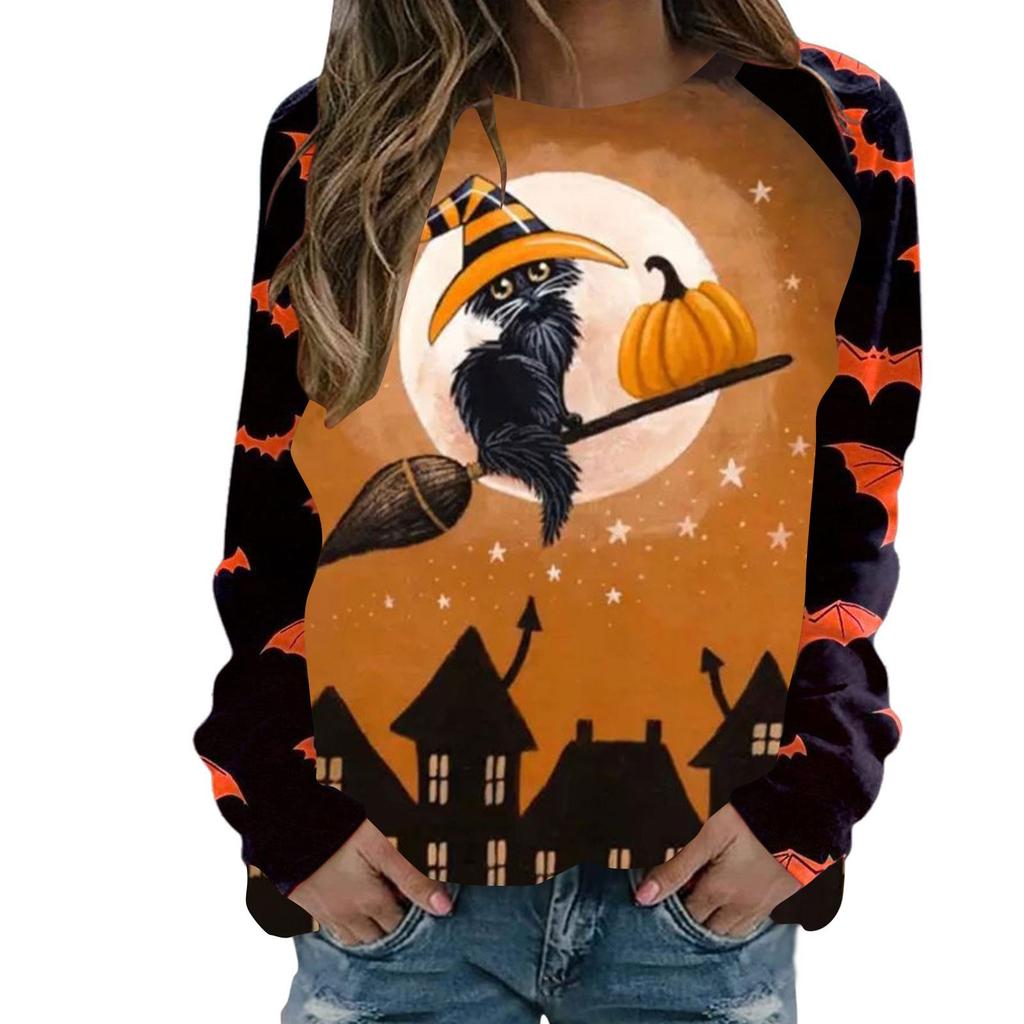 Women's Casual Fashion Halloween Print Long Sleeve Pullover T-shirt Top