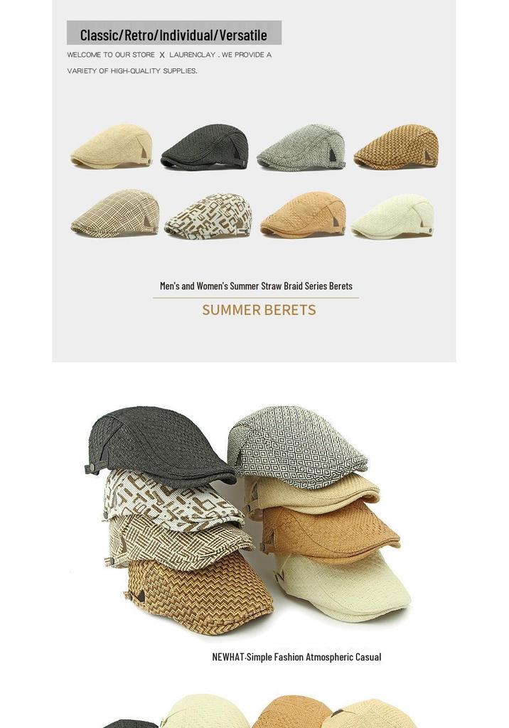 Men's Straw Hat Beret: Spring/Summer Sun Protection, Retro Duckbill Newsboy Cap.