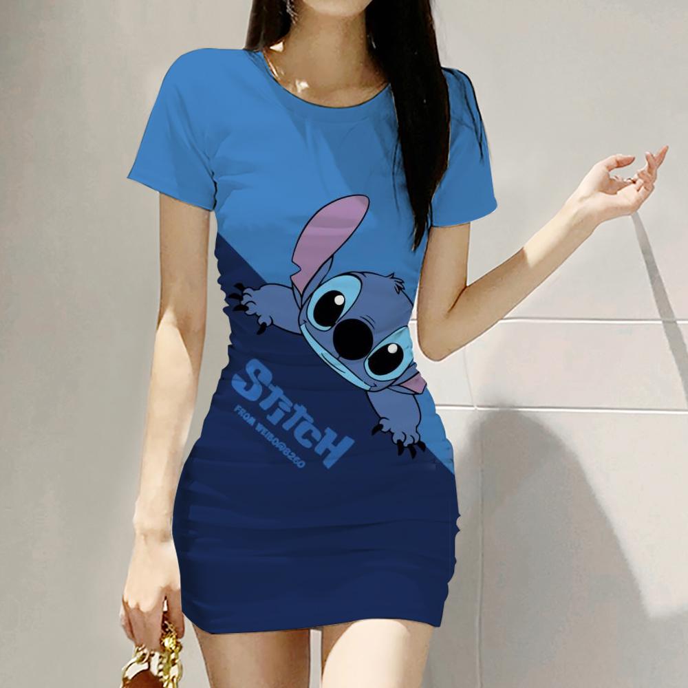 2026 Summer Disney Stitch 3D Cartoon Printed Girl Dress Short Sleeve Women's/Adult Parent-Child Dress Kawaii Beach Party Dress