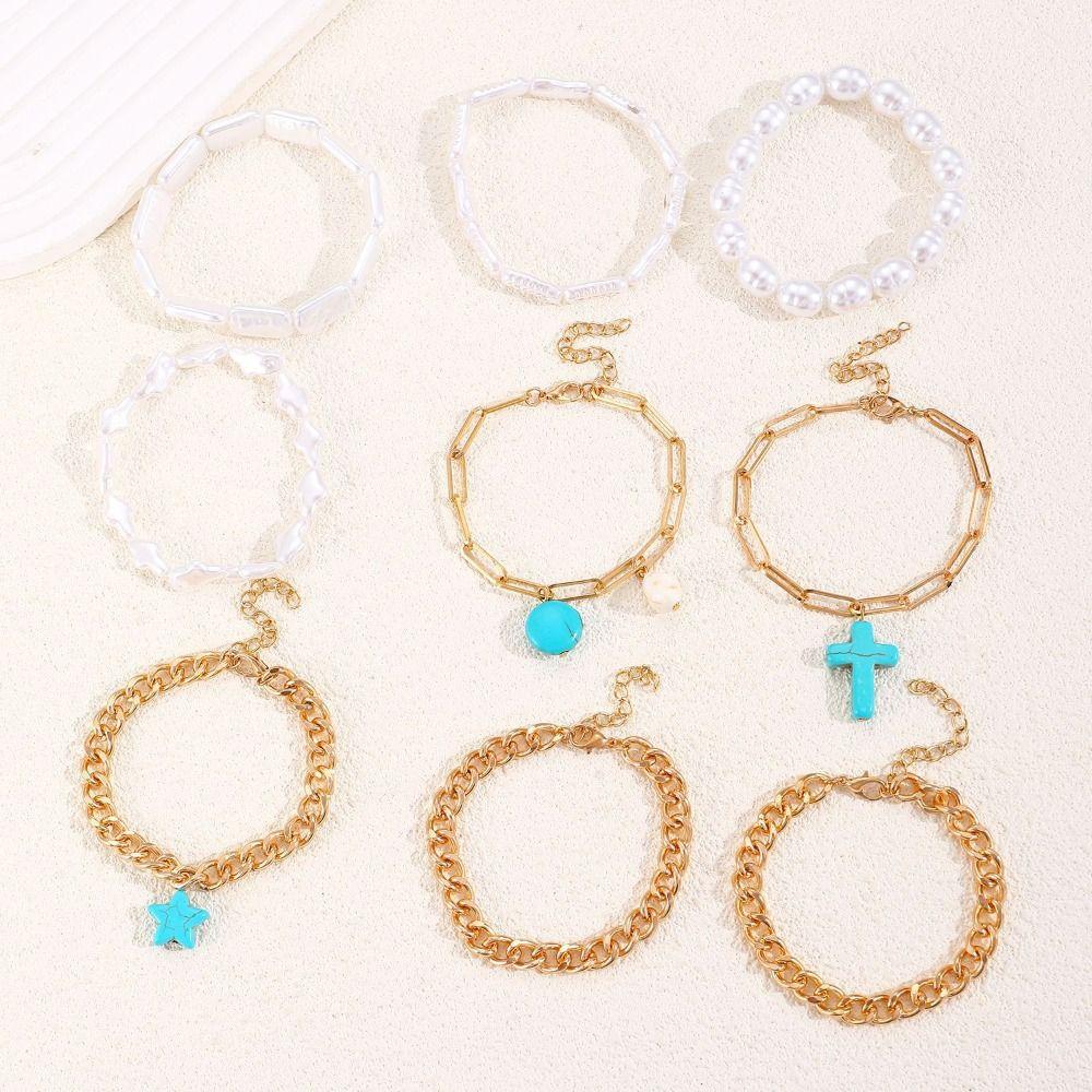 Beads Turquoise Bracelet Set Pearl Bohemian Style Hand Chain  Holiday