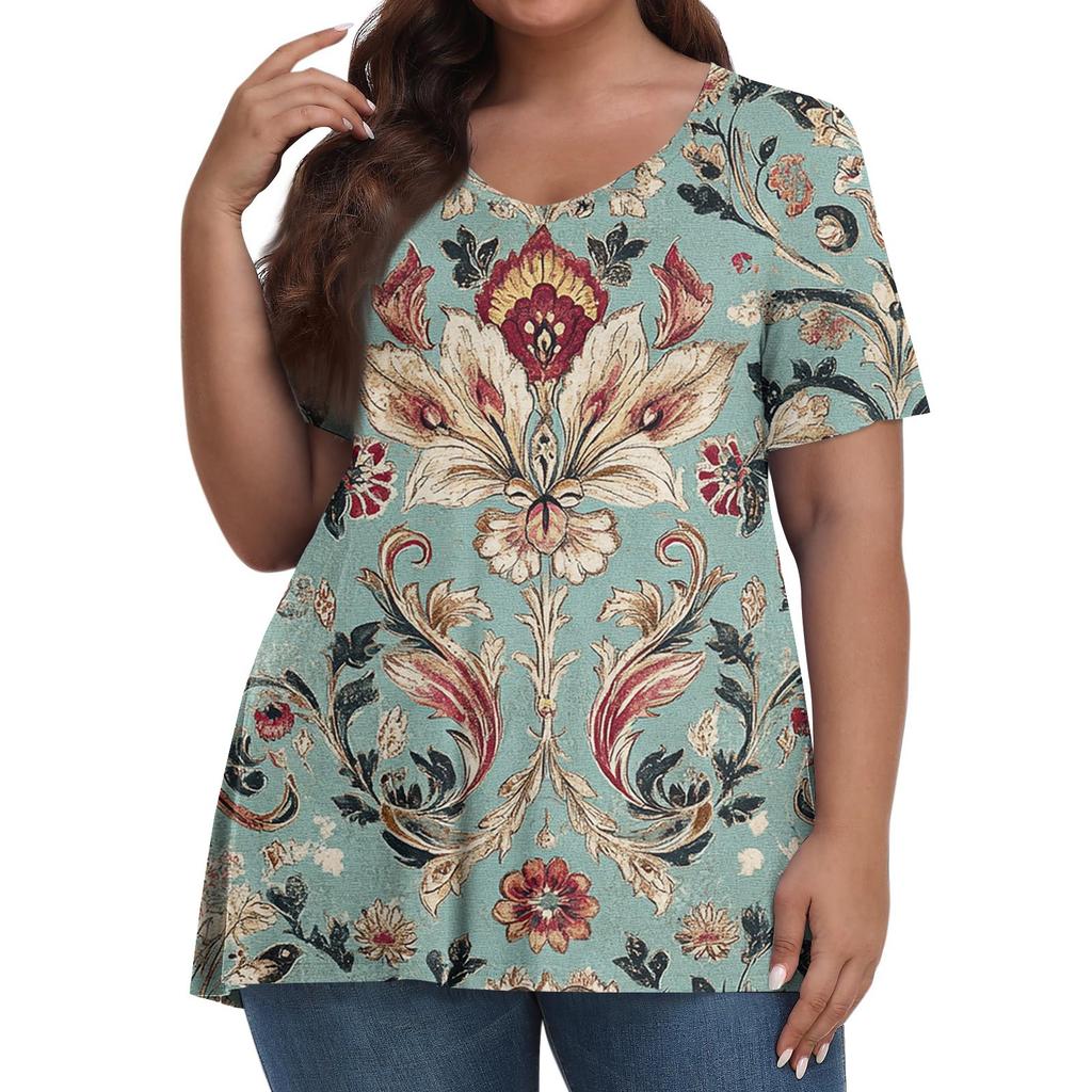 Women's Fashion Casual V-Neck Pullover Short Sleeve Large Size Vintage Printed Top
