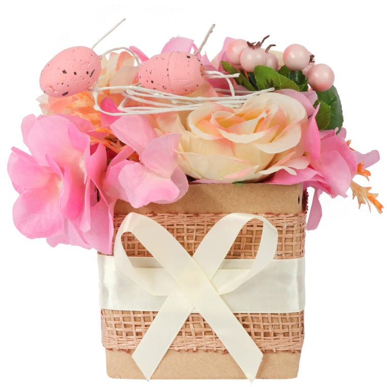 Easter Flower Box Decoration with Pink Eggs and Artificial Flowers