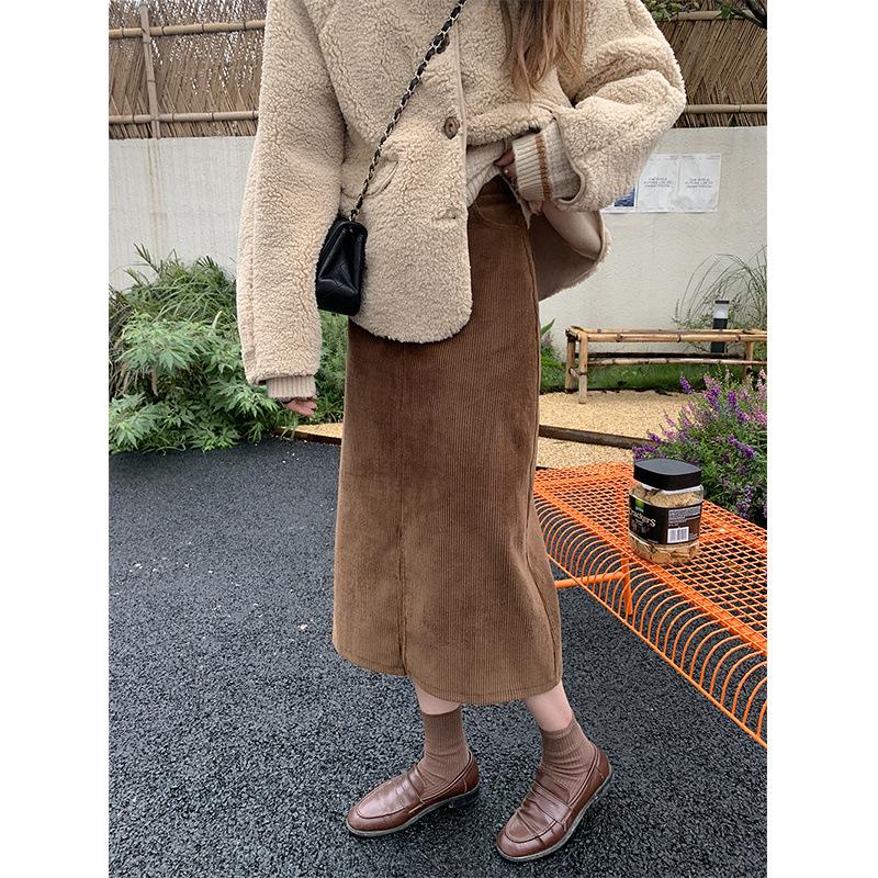 Women's Spring and Autumn Literary Retro Corduroy Half-body Skirt Solid Color Split Straight Skirt