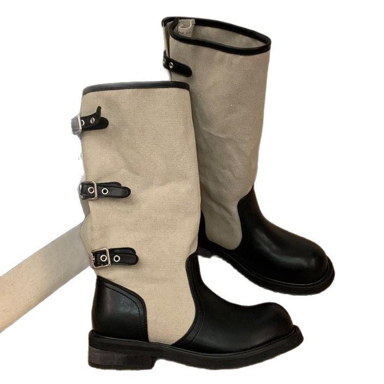Retro Summer Cowboy Boots Heap Thick Heel Fashion Wide Tube Boots Splicing Knight Boots Women's New Western Round Head