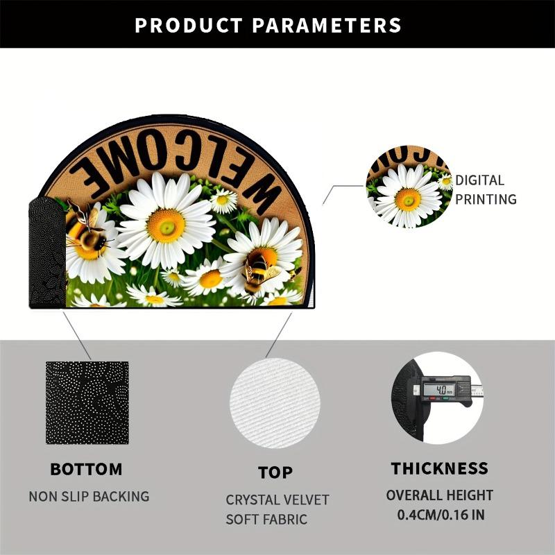 Bienen Blumen Fußmatte Rutschfest Halbkreis Polyester Eingangsmatte für Bauernhaus Terrasse Wäscheküche Küche Hof Außenbereich Heimdeko
