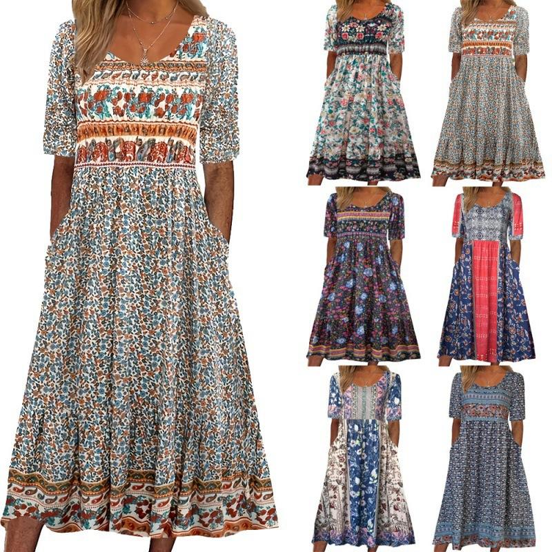 Cool and Retro Summer Dress New Women's Round Neck Short Sleeve Long Skirt Bohemian Print Dress Women