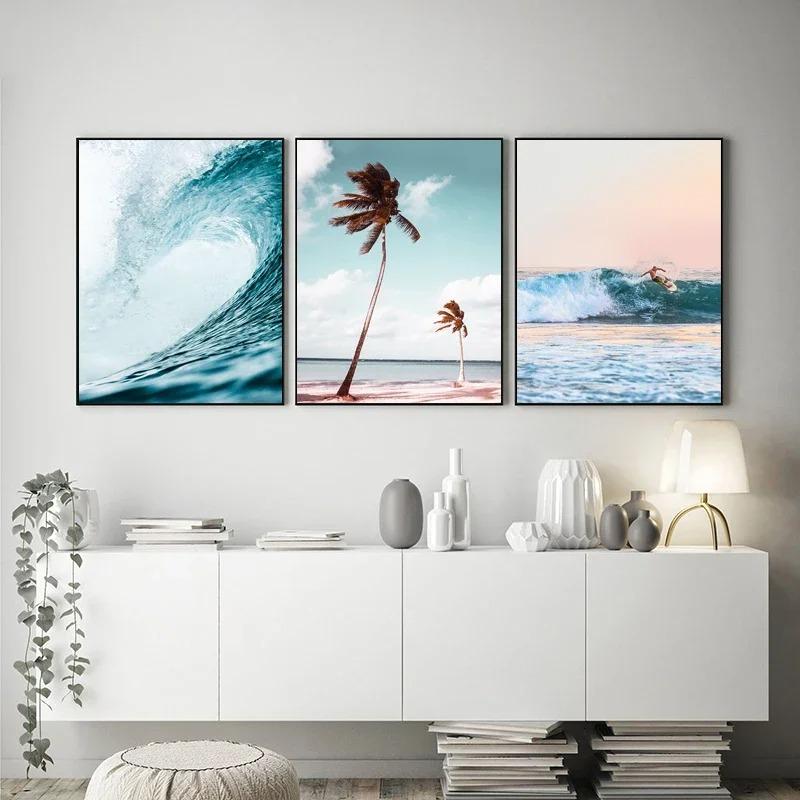 Küstenwandkunst Sonnenuntergang Leinwandgemälde Surfing Druck Ozeanwellen Poster Naturlandschaft Wandbilder für Wohnzimmer