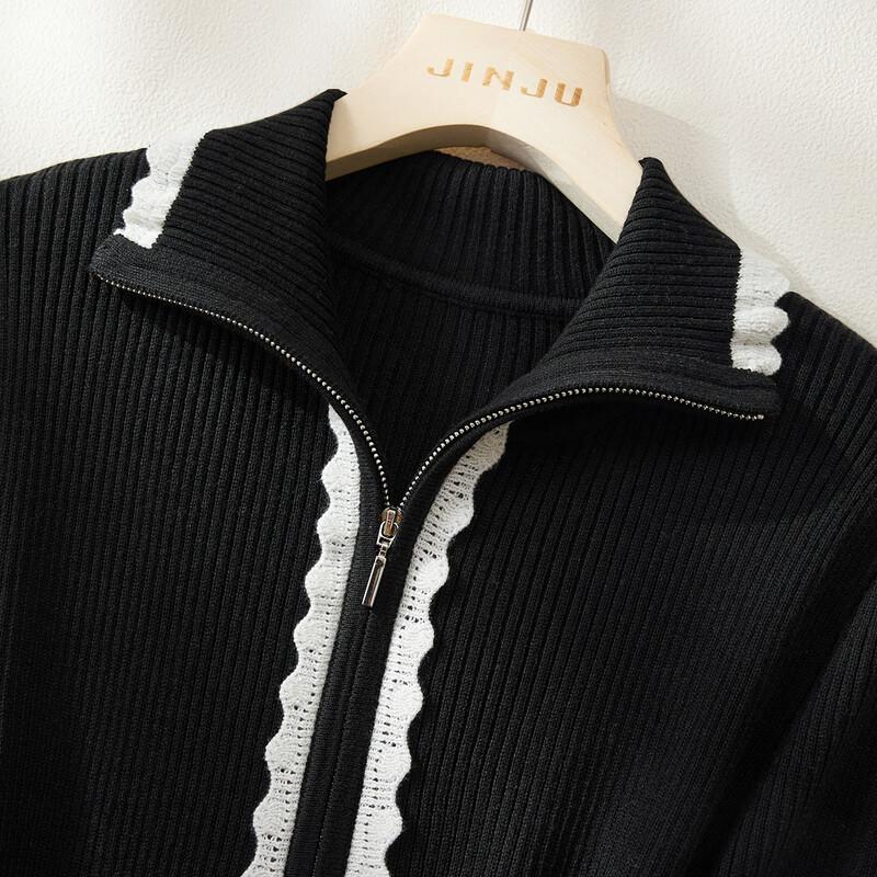 Elegant Silk Blend Contrast Lace Zipper Knitted Cardigan