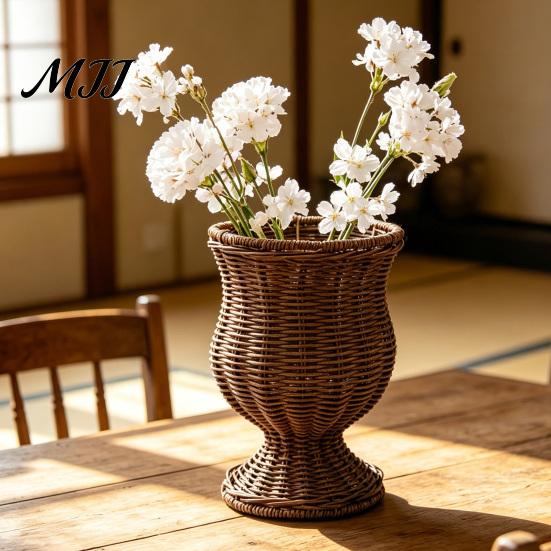 Dried Flower Vase Wicker Faux Rattan Handwoven Boho Basket Modern Farmhouse Decorative Leak-proof Plant Pot for Dining Table Centerpiece Bedroom